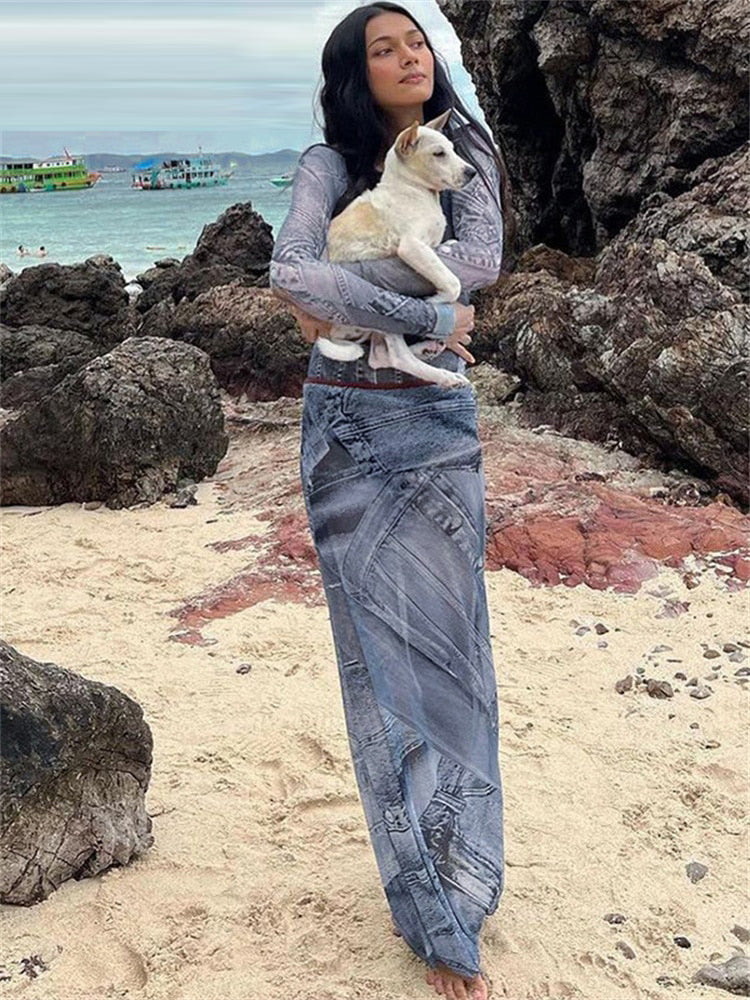 Ashore Shop Denim Print Mesh Maxi Long Sleeve Bodycon Dresses