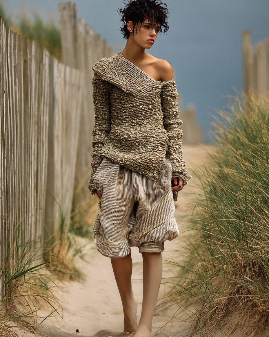 Ashore_coastal_style_richly_textured_off-the-shoulder_knit_top_paired_with_relaxed_voluminous_striped_shorts