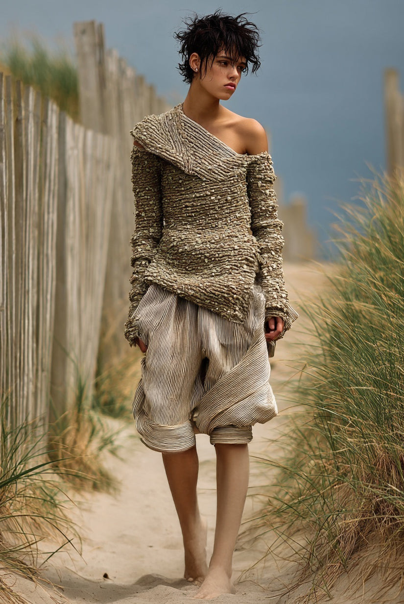 Ashore_coastal_style_richly_textured_off-the-shoulder_knit_top_paired_with_relaxed_voluminous_striped_shorts