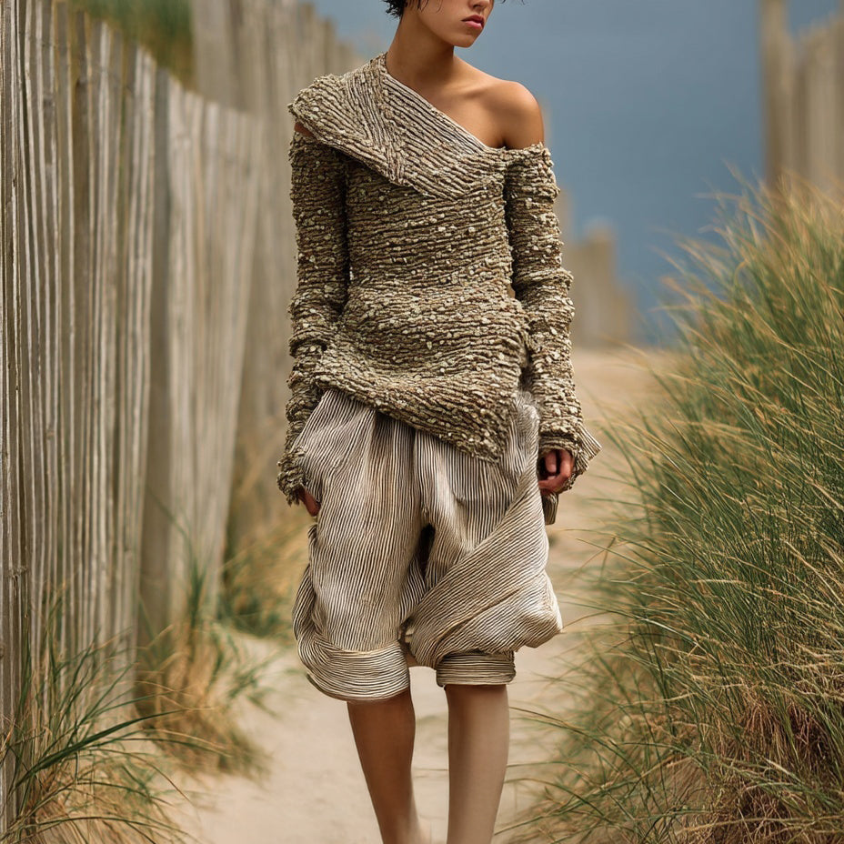 Ashore_coastal_style_richly_textured_off-the-shoulder_knit_top_paired_with_relaxed_voluminous_striped_shorts