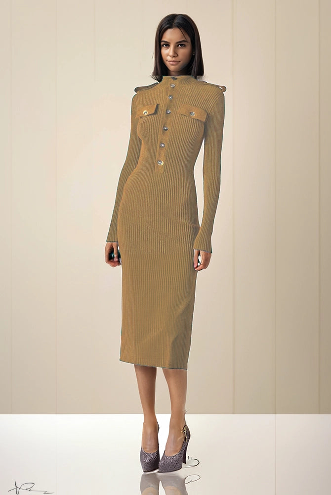 Ashore_shop_Winter_Long_Sleeve_Knitted_Dress_for_Women_with_decorating_buttons-khaki