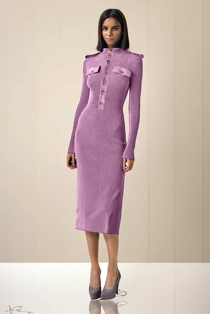 Ashore_shop_Winter_Long_Sleeve_Knitted_Dress_for_Women_with_decorating_buttons-pink