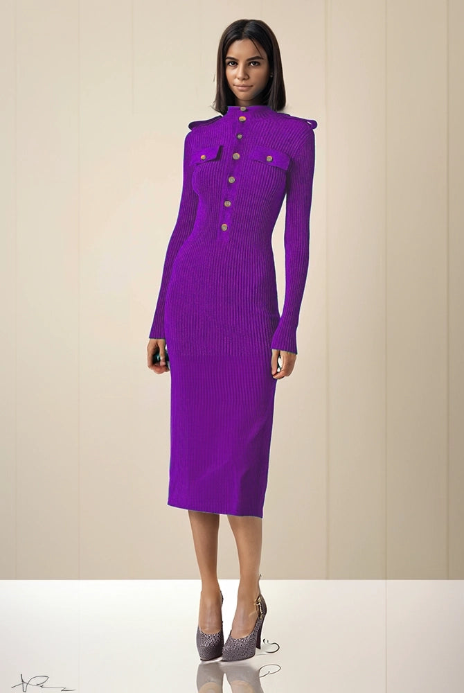 Ashore_shop_Winter_Long_Sleeve_Knitted_Dress_for_Women_with_decorating_button-purple