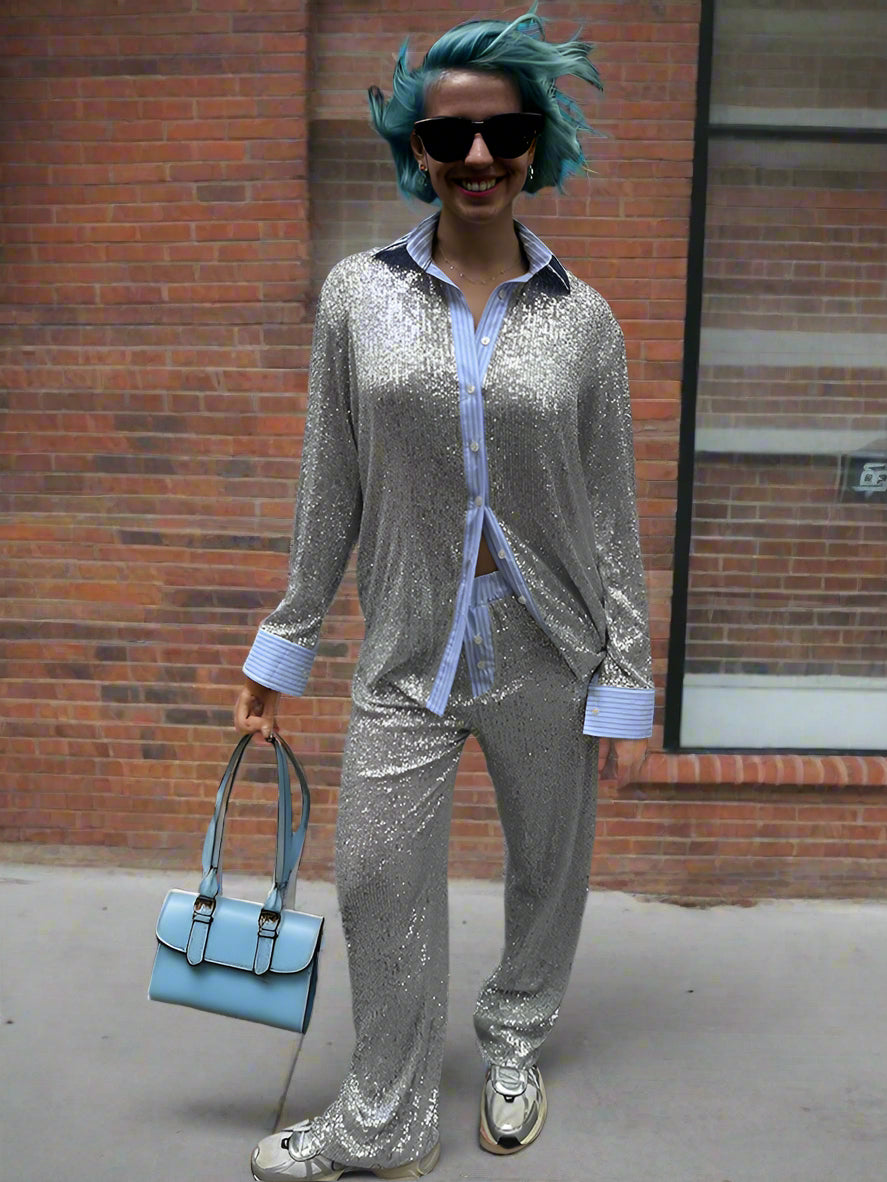 Ashore_shop_silver_sequin_outfit_with_a_blue_handbag