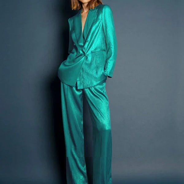 Women 2 Pieces Elegant Women's Suits Woman Loose-fit-shiny-pant-suits