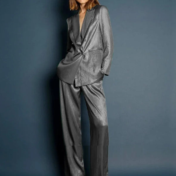Women 2 Pieces Elegant Women's Suits Woman Loose-fit-shiny-pant-suits
