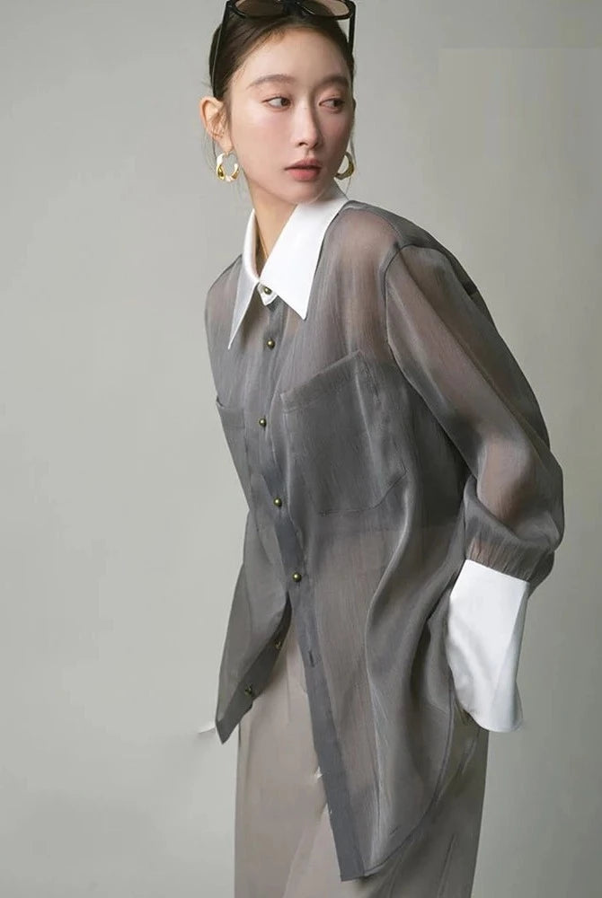 Ashoreshop-2024-Spring-Korea-Style-Long-Sleeve-Sheer-Women-Shirt-Office-Lady-Loose-Button-Up-Contrast-Collar