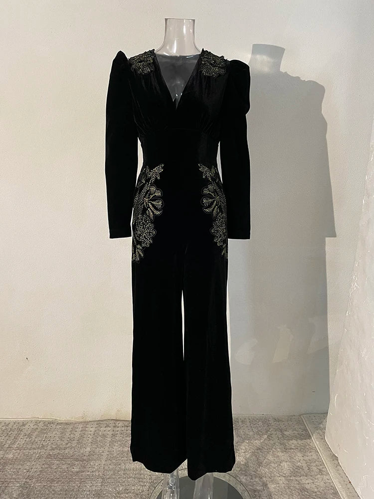 Ashoreshop-2024-Spring-Women-s-V-neck-Bubble-Sleeve-Black-Gold-Embroidered-Wide-Leg-Velvet-jumpsuit-0