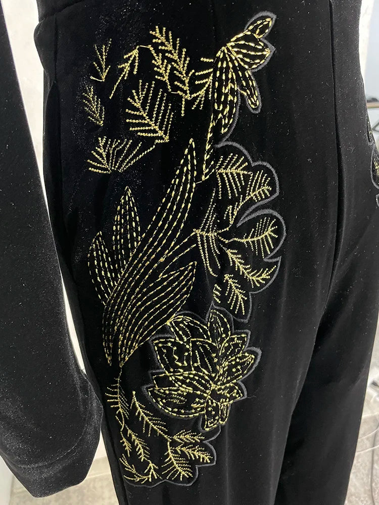 Ashoreshop-2024-Spring-Women-s-V-neck-Bubble-Sleeve-Black-Gold-Embroidered-Wide-Leg-Velvet-jumpsuit-4