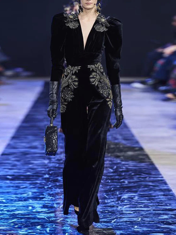 Ashoreshop-2024-Spring-Women-s-V-neck-Bubble-Sleeve-Black-Gold-Embroidered-Wide-Leg-Velvet-jumpsuit-5