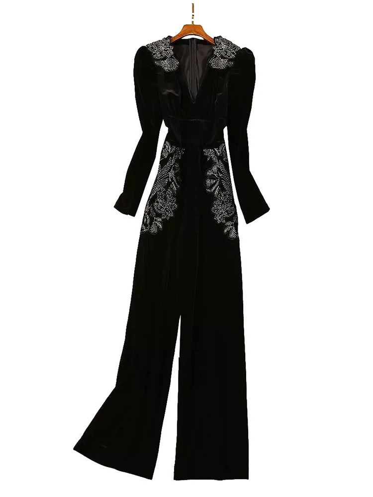 Ashoreshop-2024-Spring-Women-s-V-neck-Bubble-Sleeve-Black-Gold-Embroidered-Wide-Leg-Velvet-jumpsuits