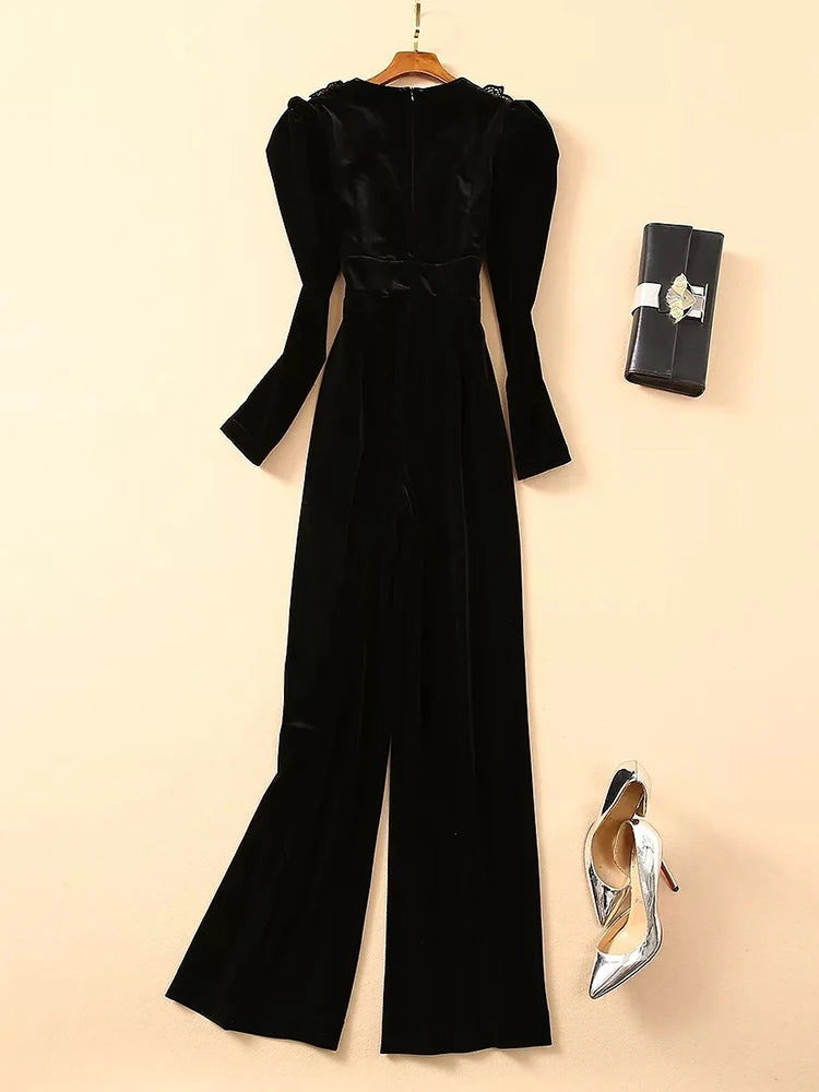 Ashoreshop-2024-Spring-Women-s-V-neck-Bubble-Sleeve-Black-Gold-Embroidered-Wide-Leg-Velvet-jumpsuit-2