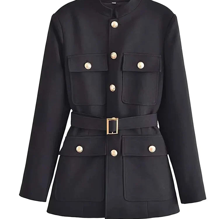 Ashoreshop-Ashoreshop-Woman 2023 Gold Button Long Blazer Coats With Belt Autumn Winter Blazers Suit Jacket-1