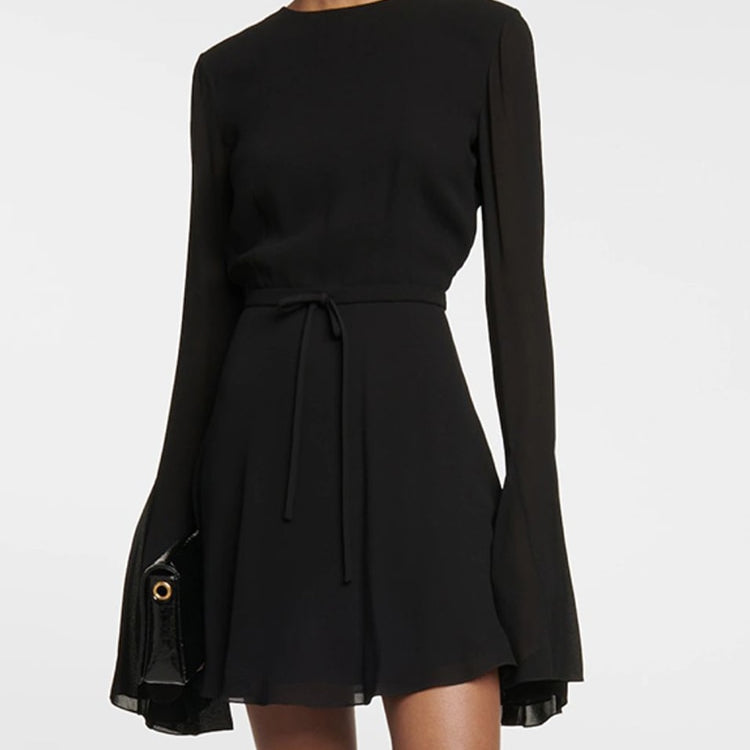 Backless Soild Dresses For Women Round Neck Long Sleeve High Wasit Patchwork Lace Up Mini Dress