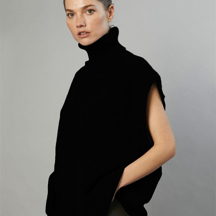 Corchet Knitted Tank Tops Women Autumn Loose Turtleneck Sweaters Y2K Sleeveless Pullovers Casual Streetwear Vests