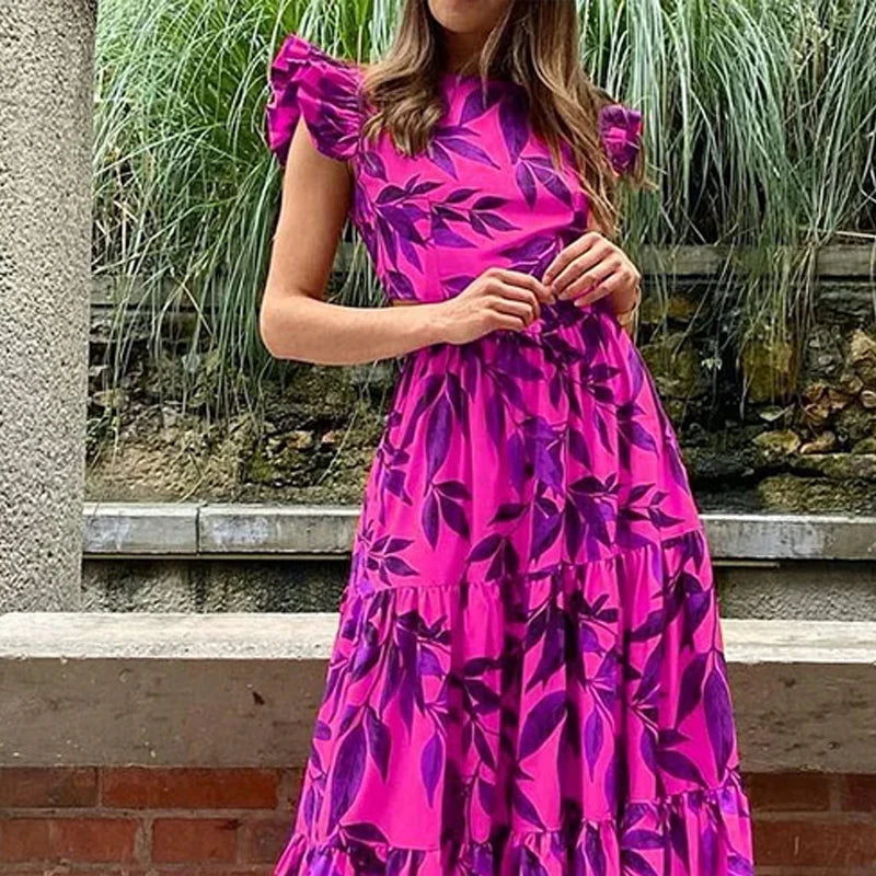 Ashoreshop-Maxi Dress 2024 Women Elegant Printed Ruffled Short Sleeve Round Neck Backless Lace Up Nipped Waist Slim Long Dresses=2