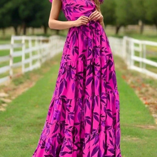 Ashoreshop-Maxi Dress 2024 Women Elegant Printed Ruffled Short Sleeve Round Neck Backless Lace Up Nipped Waist Slim Long Dresses