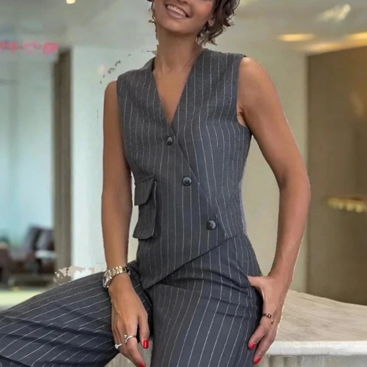 Office 2 Piece Set Women Elegant Sleeveless Striped Printed V Neck Irregular Single Breasted Vest Top Straight Pants Sets