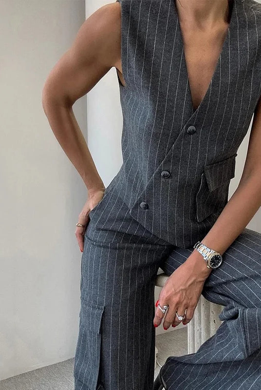 Ashoreshop-Office-2-Piece-Set-Women-Sleeveless-Striped-Printed-V-Neck-Irregular-Single-Breasted-Vest