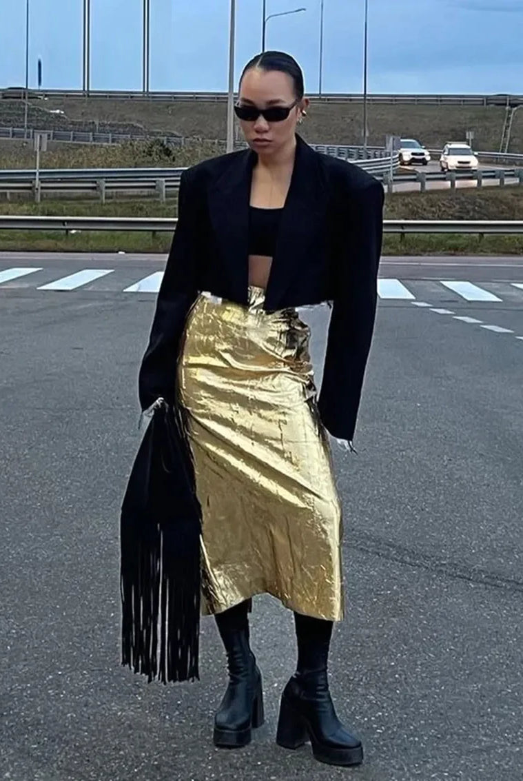 Ashoreshop-Slim Crushed Gold Women's Skirt Elegant Chic High Waist Midi Skirts-5