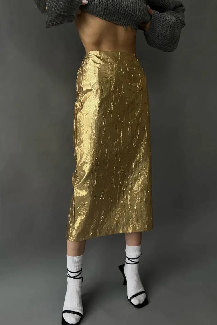 Ashoreshop-Slim Crushed Gold Women's Skirt Elegant Chic High Waist Midi Skirts-6