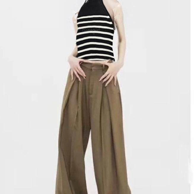 Summer Casual Office Wear Sets Classic Stripe Tank Top and Trendy Loose Khaki Pant Sets