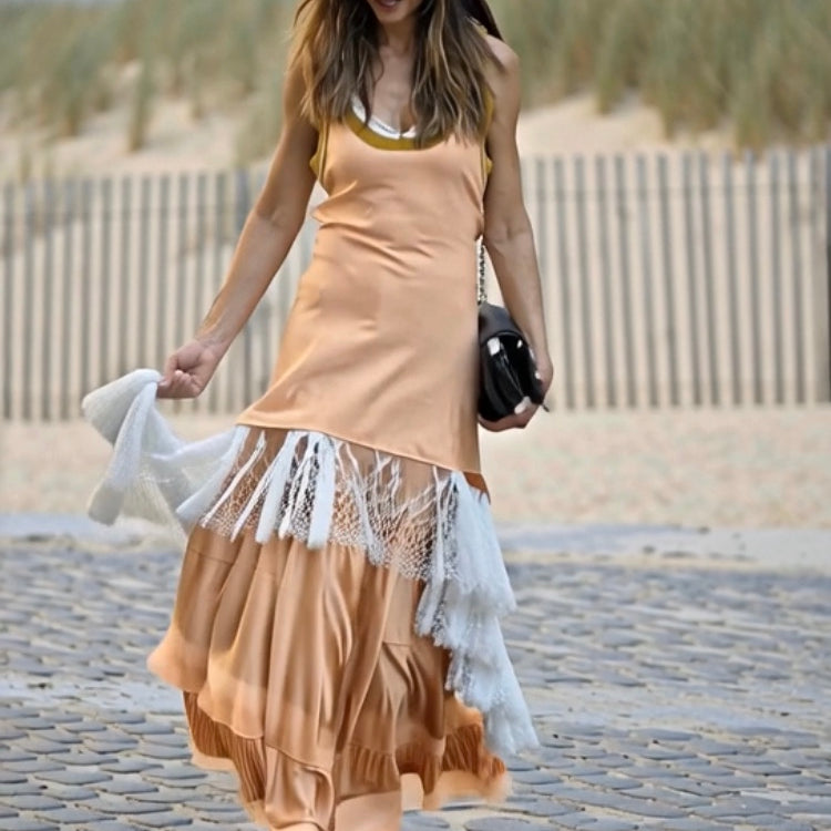 Satin Maxi Dress with layered Lace Ashore Design