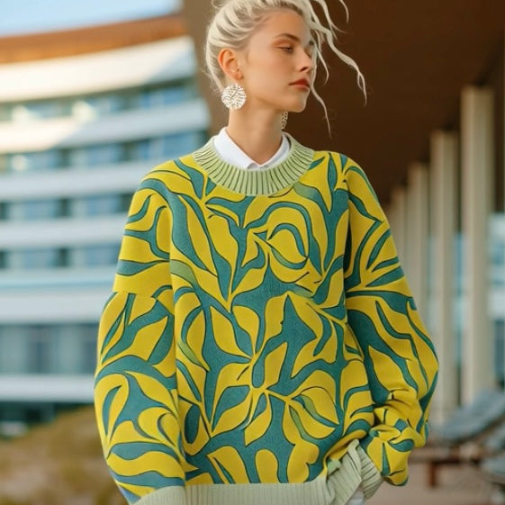 Ashore®️ coastal style Designer Green Leaves Jacquard Sweater