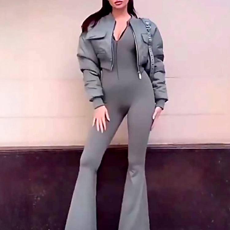 Modern Women Two-Piece Set Flare Pant Jumpsuit with Short Bubble Vest & Aviator Jackets