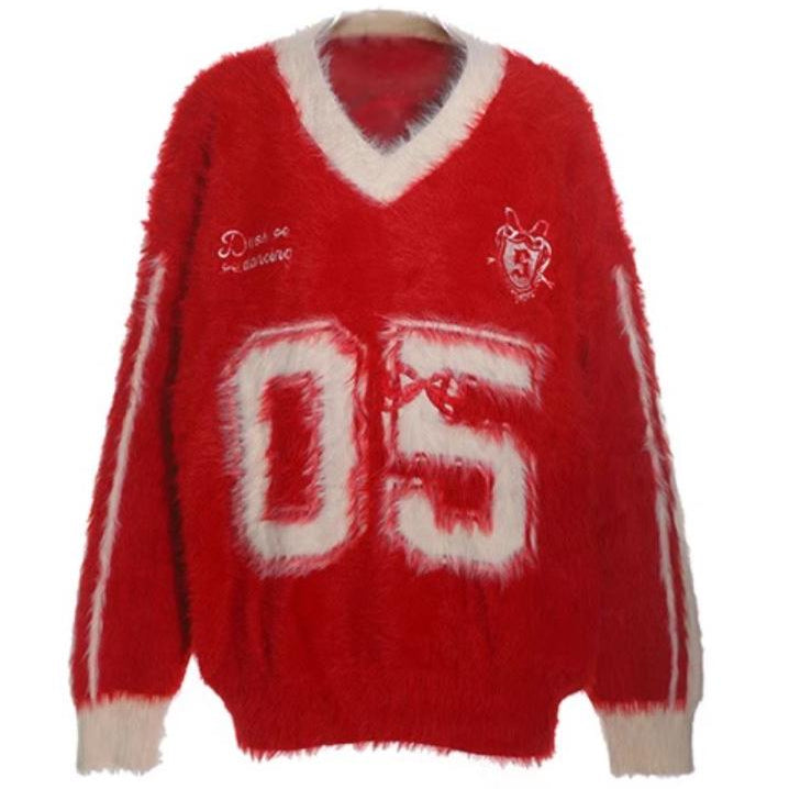 Trendy Sporty Mohair sweater V neck long sleeve oversize pull over sweater ashore shop