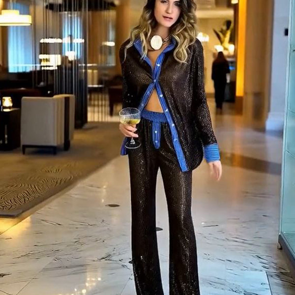 Shiny Sequin Two Piece Loose Shirt Pant Sets