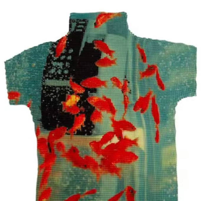 Ashore Ripple Stretch color block printting pleated t-shirt for women summer
