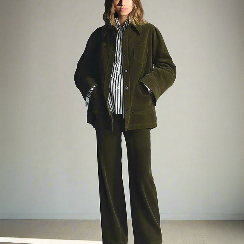 Retro olive oversized corduroy shirt and matching pant two-piece outfit set