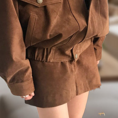 Ashore Shop 2025 Women's Faux Suede Two Piece Outfit Sets Loose bomber jackets and mini skirts