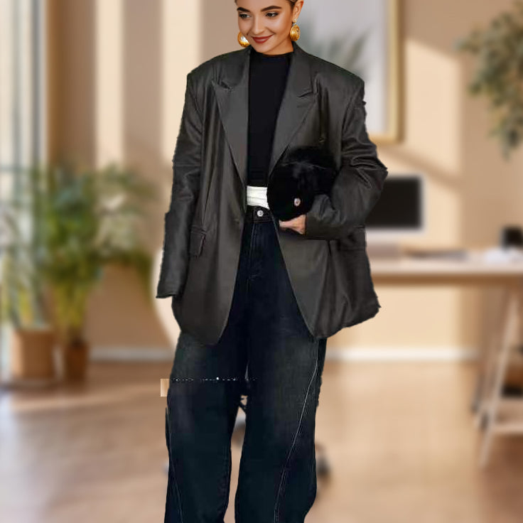 Conjunto de dos piezas de chaqueta de cuero sintético de gran tamaño con hombros anchos y pantalón vaquero ancho y holgado