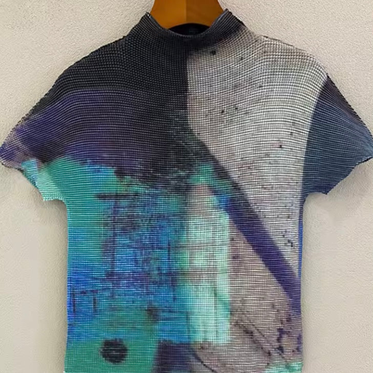 Ashore Ripple Stretch color block printting pleated t-shirt for women summer