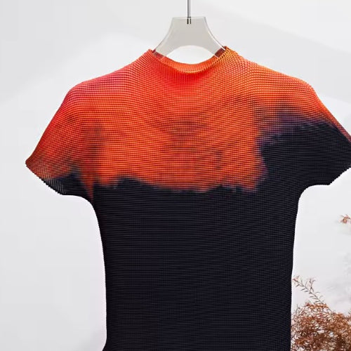Ashore Ripple Stretch color block printting pleated t-shirt for women summer