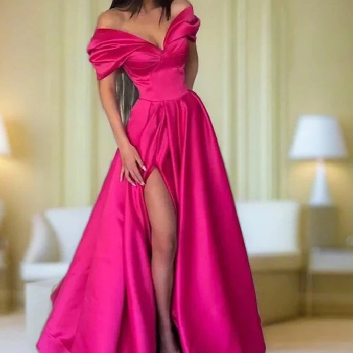 Elegant Pleats Prom Gown Maxi Dresses Satin Side Slit Evening Dress Off the Shoulder Party Prom Dresses For Women Formal robes de soirée