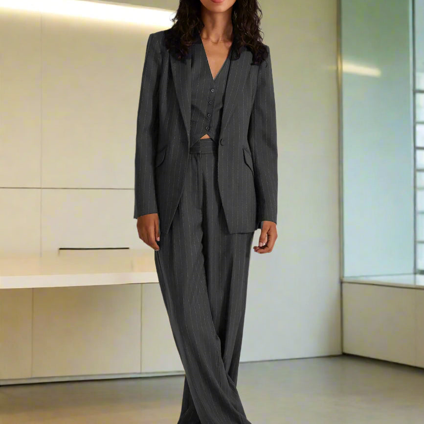Modern Women's Pin Stripe Blazer 3 Pcs Long Sleeve Suit Jackets Vest And Pants Suit Sets