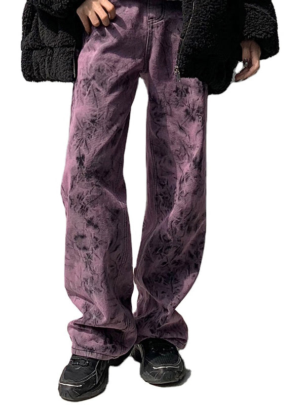 Autumn Color Denim Jeans Chic Boyfriend Straight Cut Paint Splash Style Tie Dye Denim Jeans for Women