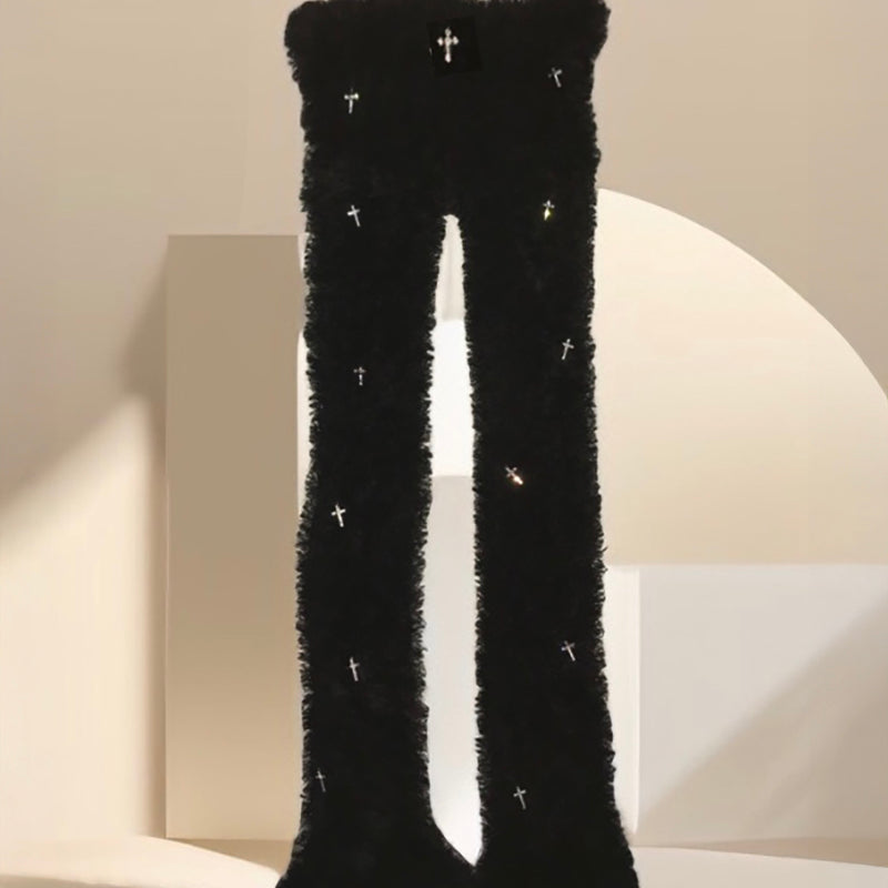 Luxury Comfort Black Mohair Fur Leggings Pants with Cross Diamond Charms For Women 2025 (Pant Only)