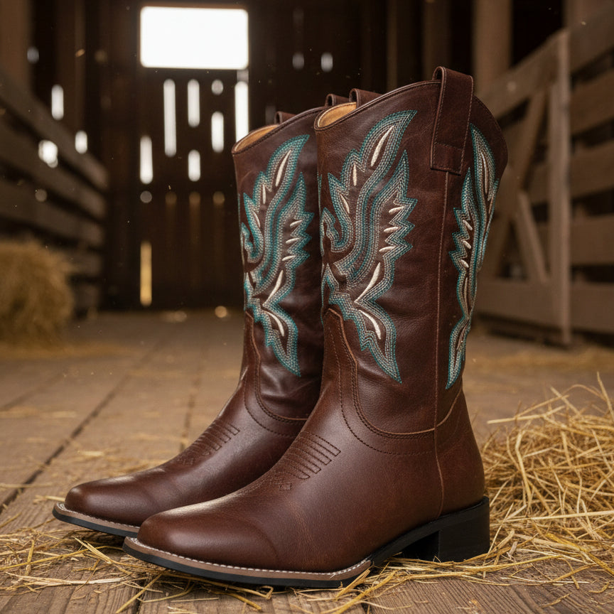 Western Embroidery Cowgirl Boots Low Heel Slip On Boots