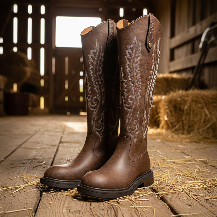 Western Embroidery Cowgirl Boots Low Heel Slip On Flat Boots