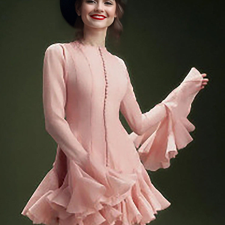 Women long sleeve layered ruffled hem short and long dress