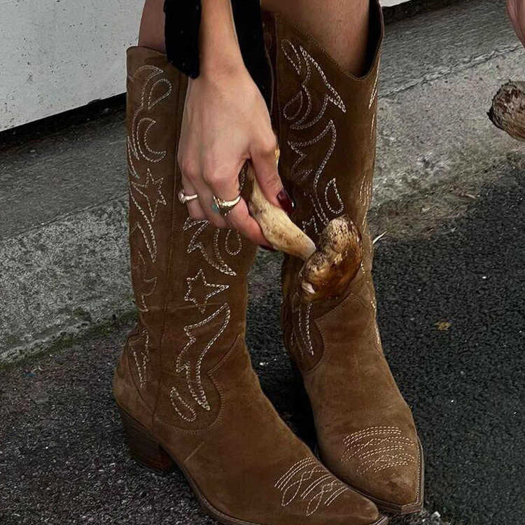 Ashore Western Shop rich brown suede western-embroidered cowgirl high brown boots