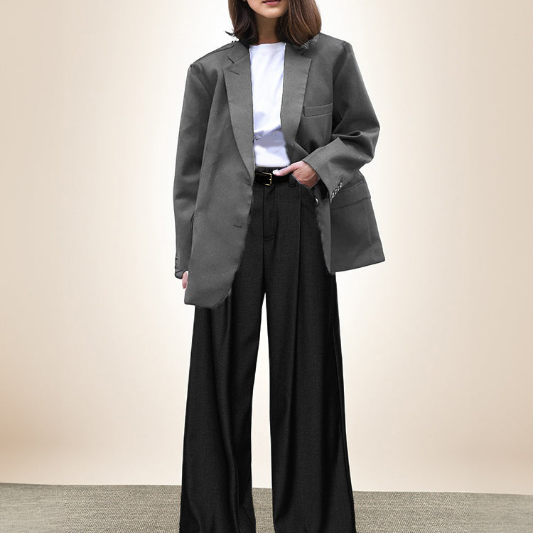 Modern Women Trendy Loose Wide Shoulder Lt. Weight Suit Sets Wide Blazer Top + Comfortable Loose Dress Pant