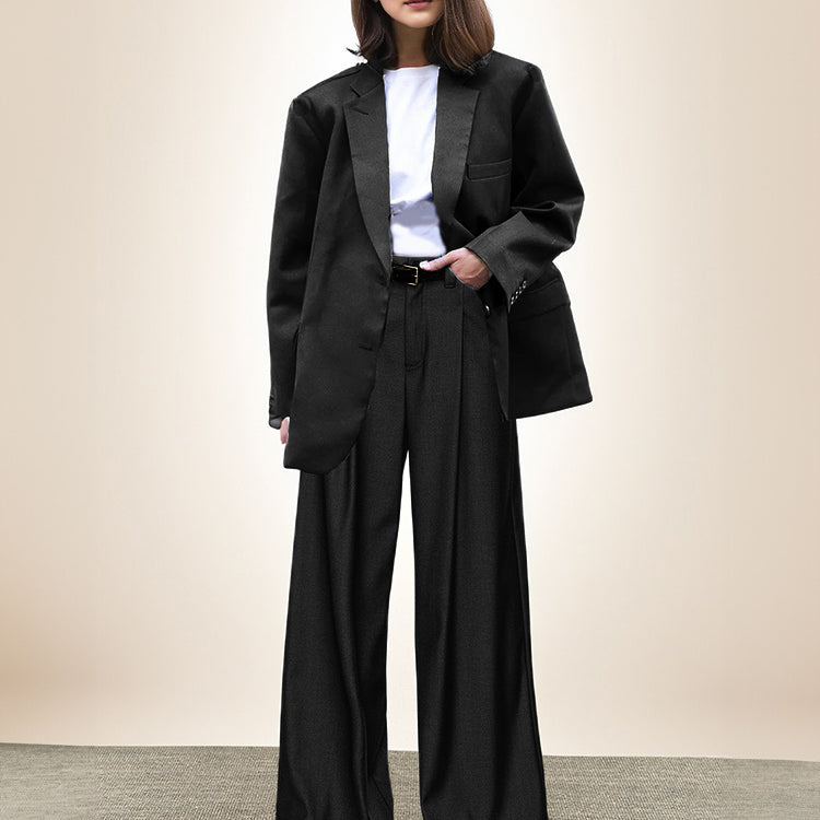 Modern Women Trendy Loose Wide Shoulder Lt. Weight Suit Sets Wide Blazer Top + Comfortable Loose Dress Pant