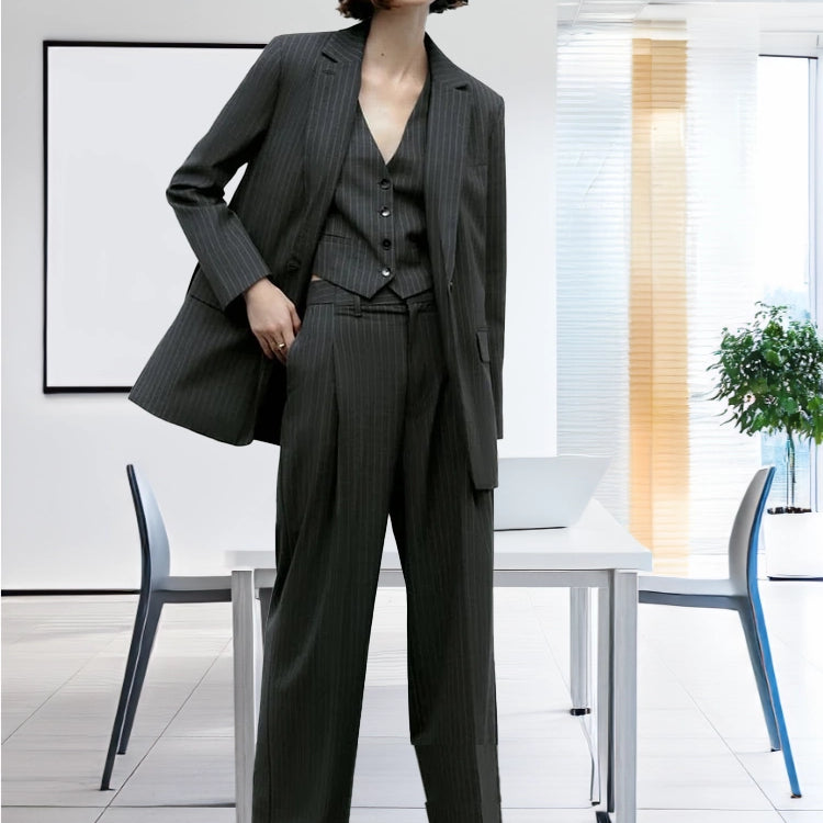 Modern Women's Pin Stripe Blazer 3 Pcs Long Sleeve Suit Jackets Vest And Pants Suit Sets