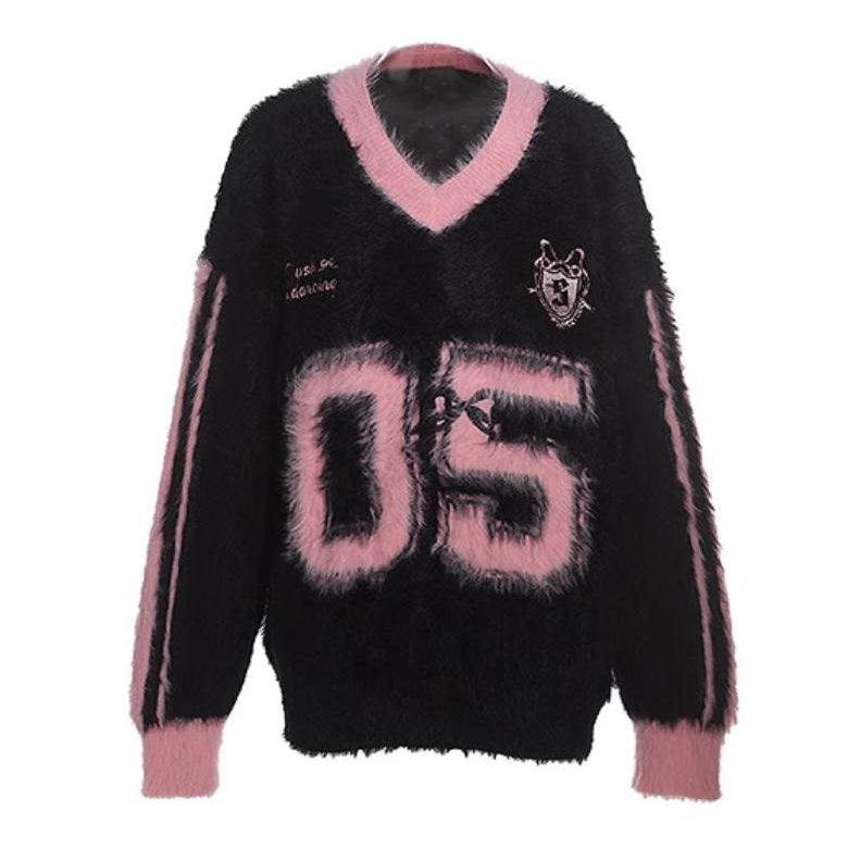 Trendy Sporty Mohair sweater V neck long sleeve oversize pull over sweater ashore shop