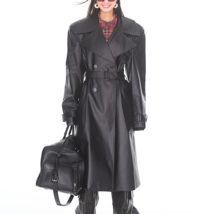 Ashore Shop Women's Travel Long Black Belted PU Leather Coat